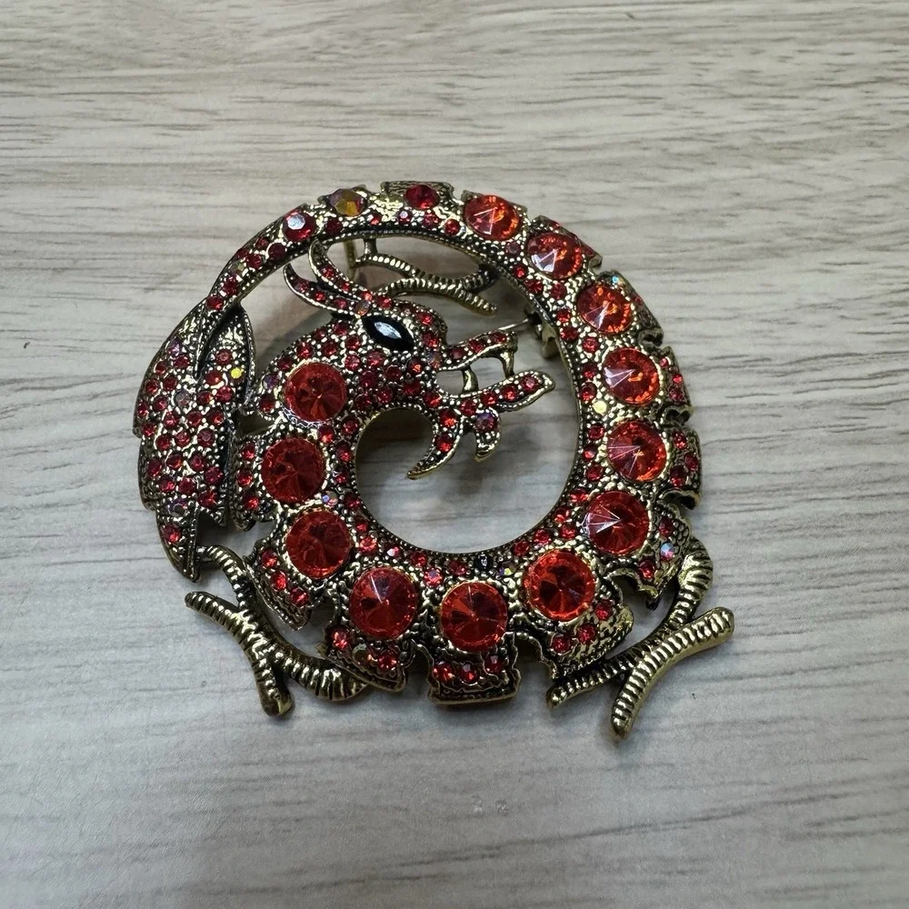 Anthropologie Red Dragon Brooch Gold Tone With Rhinestones Pendant